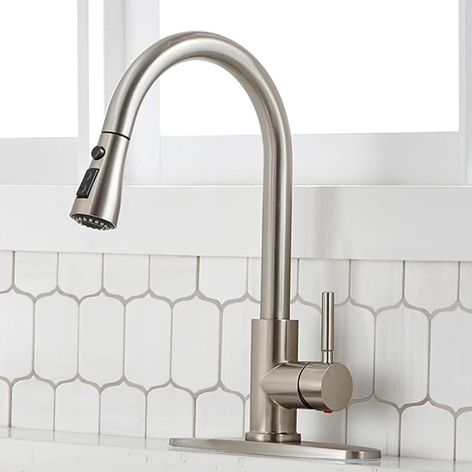 SHACO Kitchen Faucets, Kitchen Sink Faucet with Pull Down Sprayer, Brushed Nickel Stainless Steel Single Handle Pull Out Faucet for Kitchen Sink, SC-KYT010L-D