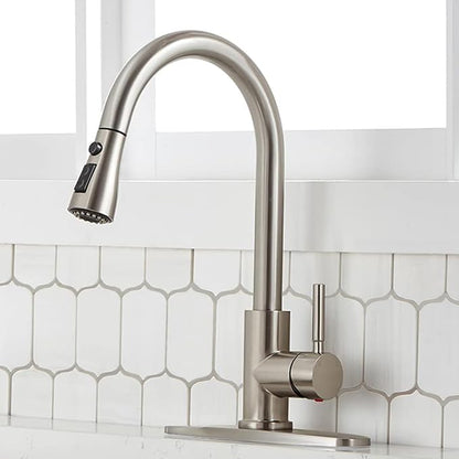 SHACO Kitchen Faucets, Kitchen Sink Faucet with Pull Down Sprayer, Brushed Nickel Stainless Steel Single Handle Pull Out Faucet for Kitchen Sink, SC-KYT010L-D