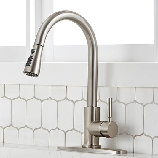 SHACO Kitchen Faucets, Kitchen Sink Faucet with Pull Down Sprayer, Brushed Nickel Stainless Steel Single Handle Pull Out Faucet for Kitchen Sink, SC-KYT010L-D