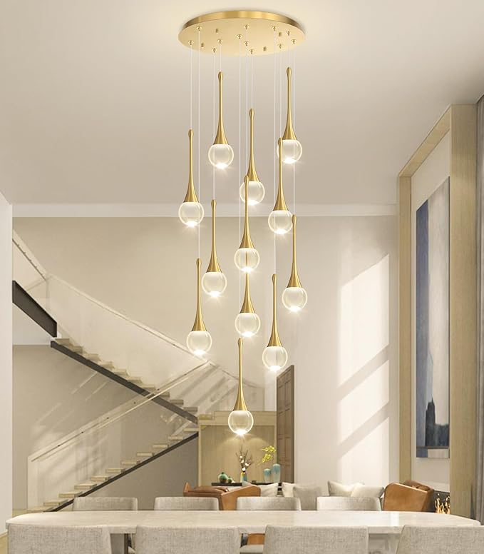 12 Light High Ceiling Crystal Chandelier Dimmable LED Pendant Lights with Remote Adjustable Chandeliers for Foyer Staircase Living Room Gold
