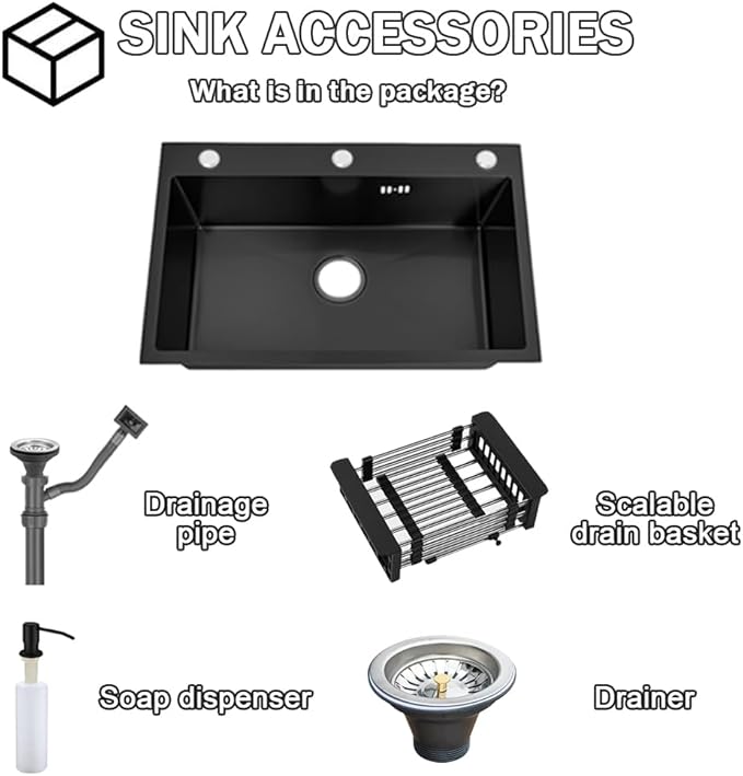 23.6 * 17.7in Drop In Kitchen Sink with 3 Holes,Black Topmount Stainless Steel Single Bowl Sinks With Drain basket & Soap dispenser