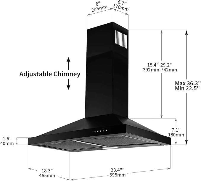 SNDOAS 24 inch Range Hood Black,Stainless Steel Chimney-Style Kitchen Hood, Ductless Stove Hood Vent with Energy Saving LED Light,Wall Mount Vent Hood, Push Button 3-Speed Exhaust Fan