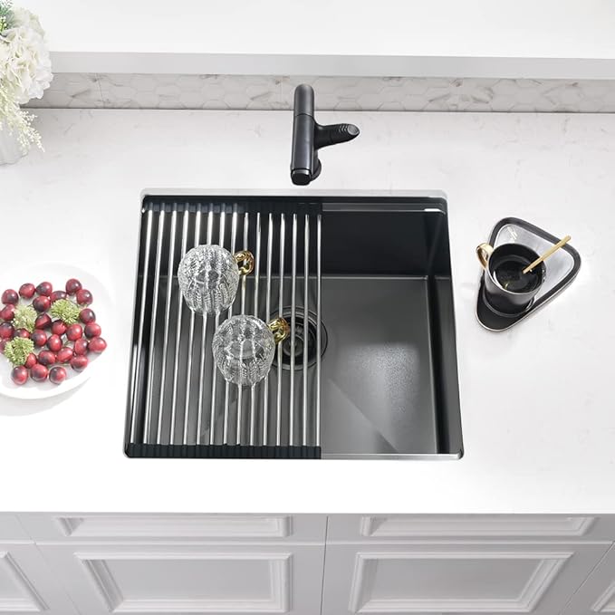 Black Small Kitchen Sink, 21 x 18 Inch Black Stainless Steel Sink Undermount Workstation Wet Bar Prep Kitchen Single Bowl Basin