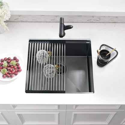 Black Small Kitchen Sink, 21 x 18 Inch Black Stainless Steel Sink Undermount Workstation Wet Bar Prep Kitchen Single Bowl Basin