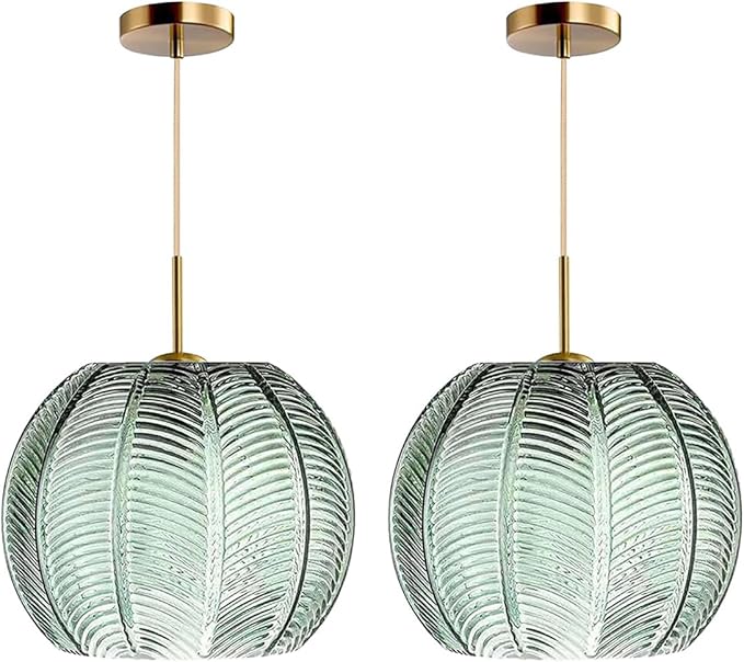 2-Pack Green Ceiling Pendant Light Fixtures for Dining Room Large Gold Globe Kitchen Island Pendant Light Hand-Blown Glass Shade Adjustable Hanging Lights Bedroom Pendant Lights