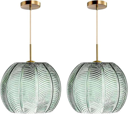 2-Pack Green Ceiling Pendant Light Fixtures for Dining Room Large Gold Globe Kitchen Island Pendant Light Hand-Blown Glass Shade Adjustable Hanging Lights Bedroom Pendant Lights