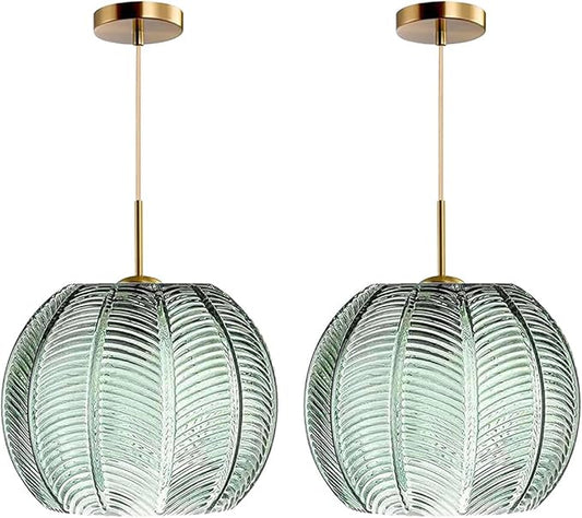 2-Pack Green Ceiling Pendant Light Fixtures for Dining Room Large Gold Globe Kitchen Island Pendant Light Hand-Blown Glass Shade Adjustable Hanging Lights Bedroom Pendant Lights
