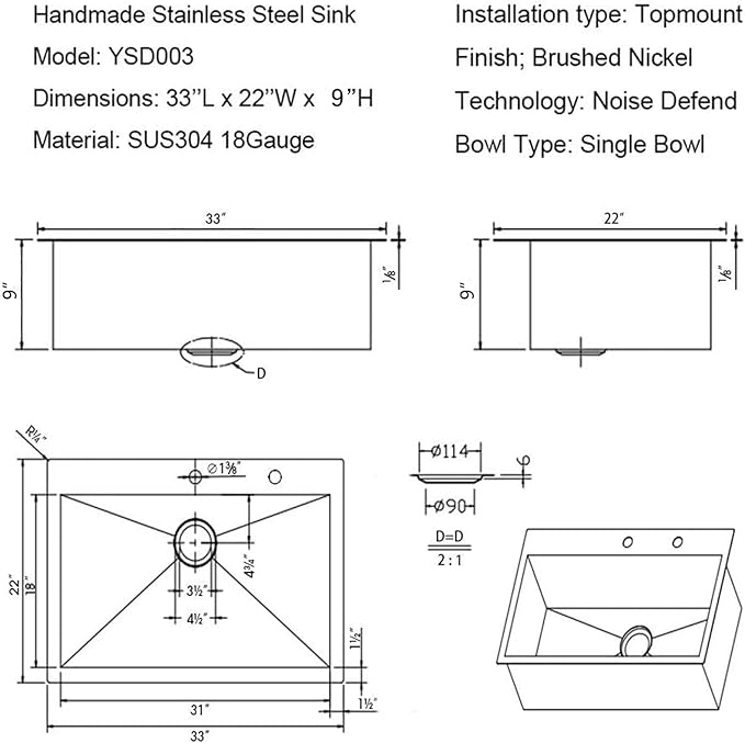 Friho 33x22 Drop in Kitchen Sink, Top Mount Commercial Handmade 18 Gauge Single Bowl Stainless Steel Sink with Dish Grid and Basket Strainer