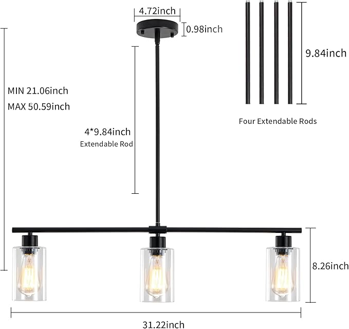 Kitchen Island Lighting, 3 light Black Farmhouse Pendant Lights Kitchen Island with Glass Shades, Island Chandelier Dining Room Lighting Fixtures Adjustable Height, Modern Kitchen Table Light Fixture