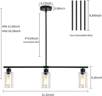 Kitchen Island Lighting, 3 light Black Farmhouse Pendant Lights Kitchen Island with Glass Shades, Island Chandelier Dining Room Lighting Fixtures Adjustable Height, Modern Kitchen Table Light Fixture