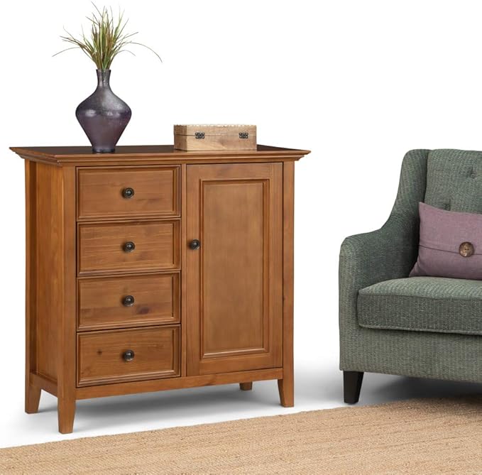 SIMPLIHOME Amherst 37-inch Wide Solid Wood Transitional-Style Storage Cabinet in Light Golden Brown, Cabinet with 4 Drawers and Adjustable Shelves for Living Room or Entryway