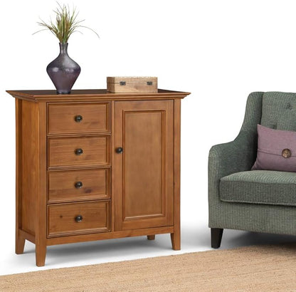 SIMPLIHOME Amherst 37-inch Wide Solid Wood Transitional-Style Storage Cabinet in Light Golden Brown, Cabinet with 4 Drawers and Adjustable Shelves for Living Room or Entryway