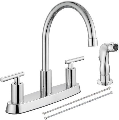 Kitchen Faucets, High Arc 360°Rotating Spout Kitchen Sink Faucet, 2 Handle 8 Inch Centerset RV Kitchen Faucet with Supply Lines, 3 or 4 Hole Kitchen Faucet with Side Sprayer, Polish Chrome