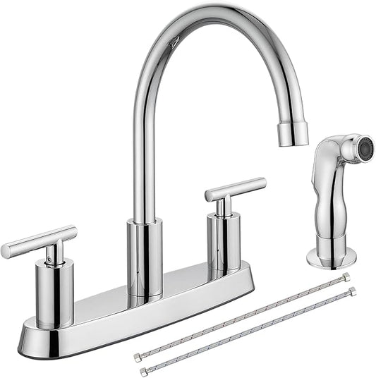 Kitchen Faucets, High Arc 360°Rotating Spout Kitchen Sink Faucet, 2 Handle 8 Inch Centerset RV Kitchen Faucet with Supply Lines, 3 or 4 Hole Kitchen Faucet with Side Sprayer, Polish Chrome