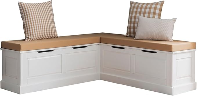 Linon Tobin White Dining Nook with Hidden Storage Includes Beige Cushion Set and Pillows