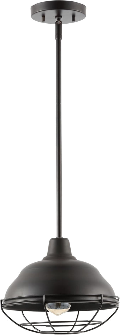 JONATHAN Y 10.38" Oil Rubbed Bronze 1-Light Industrial Farmhouse LED Pendant Light Fixture for Kitchen Island, Dining Room, Adjustable Hanging Ceiling Lamp, Iron Cage Metal Shade JYL1118A