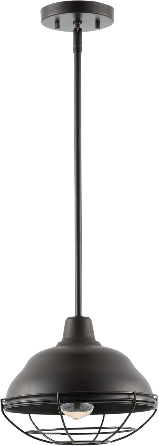 JONATHAN Y 10.38" Oil Rubbed Bronze 1-Light Industrial Farmhouse LED Pendant Light Fixture for Kitchen Island, Dining Room, Adjustable Hanging Ceiling Lamp, Iron Cage Metal Shade JYL1118A