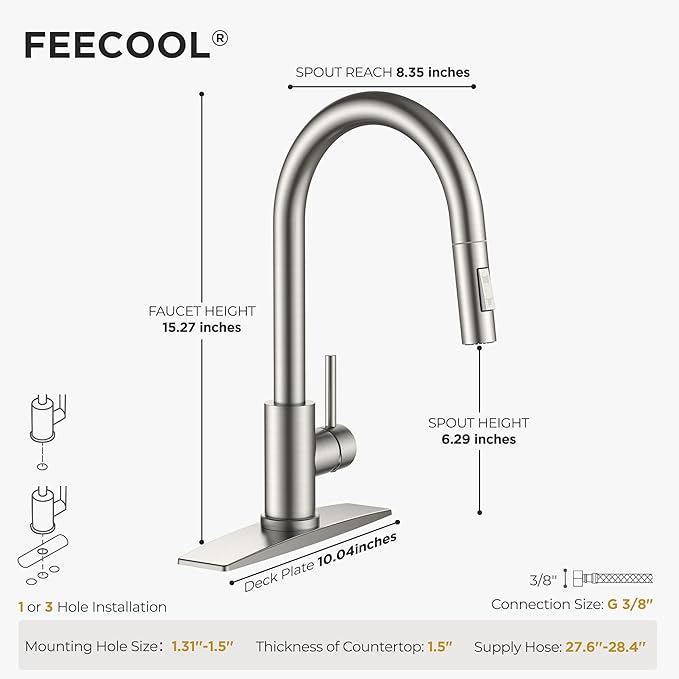 Kitchen Sink Faucet with Pull Down Sprayer, Brushed Nickel Stainless Steel Kitchen Faucets Classic High Arc Single Handle with Deck Plate for 1 or 3 Hole, Fit for Farmhouse Bar Laundry Camper