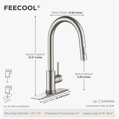 Kitchen Sink Faucet with Pull Down Sprayer, Brushed Nickel Stainless Steel Kitchen Faucets Classic High Arc Single Handle with Deck Plate for 1 or 3 Hole, Fit for Farmhouse Bar Laundry Camper