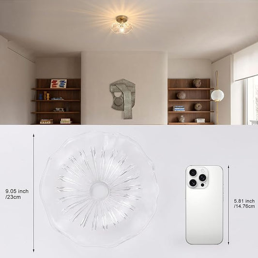 Shenmoyl Semi Flush Mount Ceiling Light, Gold Hallway Vintage Fixture With Clear Water Lily Glass, Bulb Included, 4.72" Base Modern Light for Porch Kitchen Bedroom
