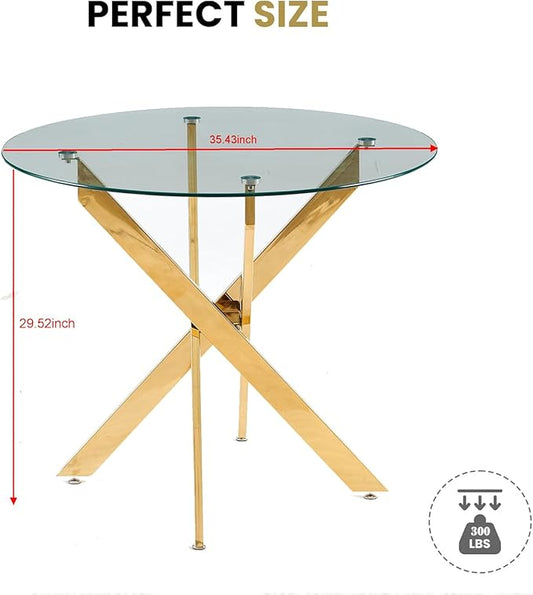 36'' Round Glass Dining Table for 2-4, Round Dining Room Table with X-Shape Metal Legs for Kitchen Living Room, Glass and Gold Kitchen Table for 4