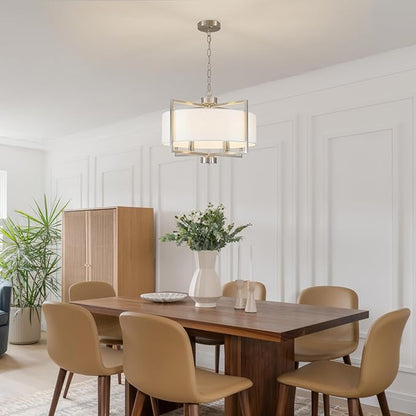 19.7'' Drum Chandeliers for Dining Room, 4-Light Brushed Nickel Rustic Kitchen Island Pendant Lighting with Wihte Fabric Lampshade, Adjustable Hanging Light Fixture for Foyer Bedroom Living Room