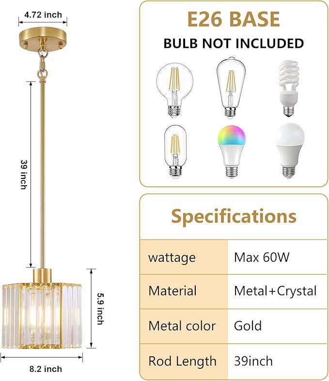 XSDeTu 1 Pack Gold Pendant Lights Kitchen Island, Modern Crystal Pendant Light Fixtures, 1-Light Small Farmhouse Chandelier, Adjustable Brass Hanging Light Fixture for Dining Room, Hallway, Bedroom