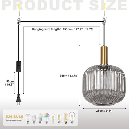 Plug in Pendant Light with Cord, 9.8" Ribbed Glass Hanging Light Fixture, Industrial Smoke Gray Hanging Swag Lamp for Bedroom, Kitchen Island, Dining Room, Living Room, E26 Base