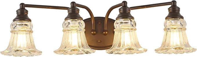 4-Light Bathroom Light Fixtures Over Mirror, Vintage Vanity Lights with Clear Floral Glass Shades, Oil Rubbed Bronze