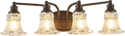 4-Light Bathroom Light Fixtures Over Mirror, Vintage Vanity Lights with Clear Floral Glass Shades, Oil Rubbed Bronze