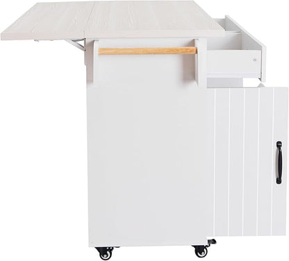Ball & Cast Kitchen Island with Trash Can Storage Cabinet,Kitchen Cart W/Drop Leaf,Spice Rack,Towel Rack and Drawers,Rolling Kitchen Islands on Wheels W/Adjustable Shelf for Dining Room,White Oak
