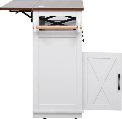 Ball & Cast Farmhouse Kitchen Island with Drape of Beads & Power Outlet, Rolling Kitchen Cart on 5 Wheels, 3 Drawers, Internal Iron Shelf & Towel Rack, for Kitchen & Dining Room, White