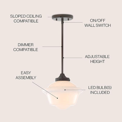 JONATHAN Y 9.5" Oil Rubbed Bronze Modern Schoolhouse LED Pendant Light Fixture, Adjustable Drop Metal Hanging Lamp with White Glass Shade for Kitchen Island, Dining Room, Foyer (JYL3517C)