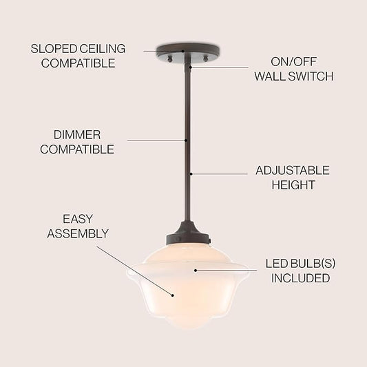 JONATHAN Y 9.5" Oil Rubbed Bronze Modern Schoolhouse LED Pendant Light Fixture, Adjustable Drop Metal Hanging Lamp with White Glass Shade for Kitchen Island, Dining Room, Foyer (JYL3517C)