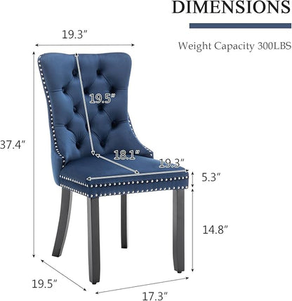Eifizek Velvet Dining Chairs Set of 2, Tufted Dining Room Chairs with Nailhead Ring Pull Trim, Upholstered Dining Chairs with Solid Wood Legs for Kitchen Dining Room (Blue)