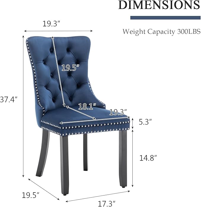 Eifizek Velvet Dining Chairs Set of 4, Upholstered Dining Room Chairs with Nailhead Ring Pull Trim, Button Tufted Wing Back Chairs for Dining with Solid Wood Legs for Kitchen Dining Room(Blue)