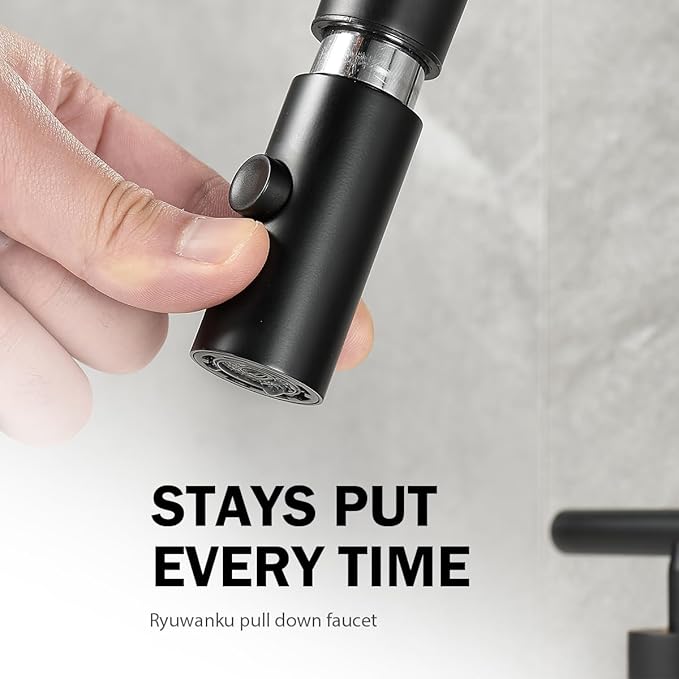 Ryuwanku Matte Black Pull Down Bathroom Faucet with Pop-up Drain, 8 inch Widespread Bathroom Faucet 3 Hole with Pull Down Sprayer 2 Modes. 8'' Matte Black Bathroom Faucet with Supply Lines