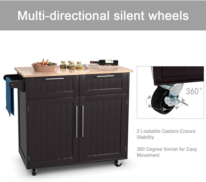 Giantex Kitchen Island Cart, Rolling Island Table with Rubber Wood Tabletop, 2 Drawers, Storage Cabinet & Towel Rack, Bar Kitchen Cart On Wheels for Dining Room (Brown)