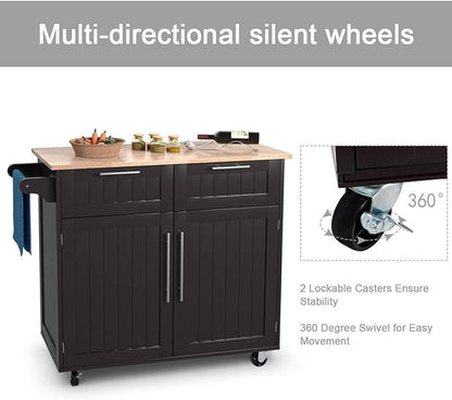 Giantex Kitchen Island Cart, Rolling Island Table with Rubber Wood Tabletop, 2 Drawers, Storage Cabinet & Towel Rack, Bar Kitchen Cart On Wheels for Dining Room (Brown)