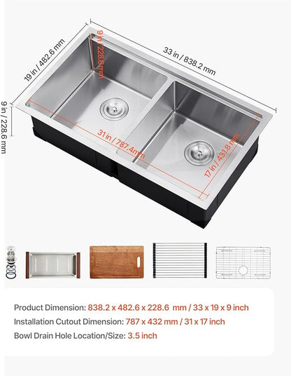 VEVOR 33 inch Kitchen Double Sink, 304 Stainless Steel Undermount Sink Drop-In Single Bowl Farmhouse Basin with Ledge & Multiple Accessories, Household Dishwasher Sinks for Prep Kitchen, Bar 33"*19"