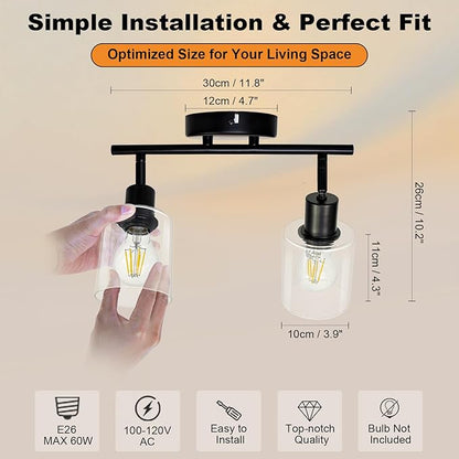 HiBay 2-Light Track Lighting Fixture Black, Ceiling or Wall Mount Rotatable Spotlights with Glass Shades, Modern Farmhouse Industrial Lights for Bedroom, Kitchen Sink, Loft, E26 Base