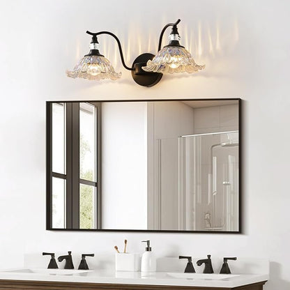Vintage Bathroom Vanity Light Fixtures - 2 Light Iridescent Flower Glass Antique Matte Black Bathroom Light Fixture Over Mirror,Retro High End Wall-Mounted Vanity Lighting for Bath Powder Room
