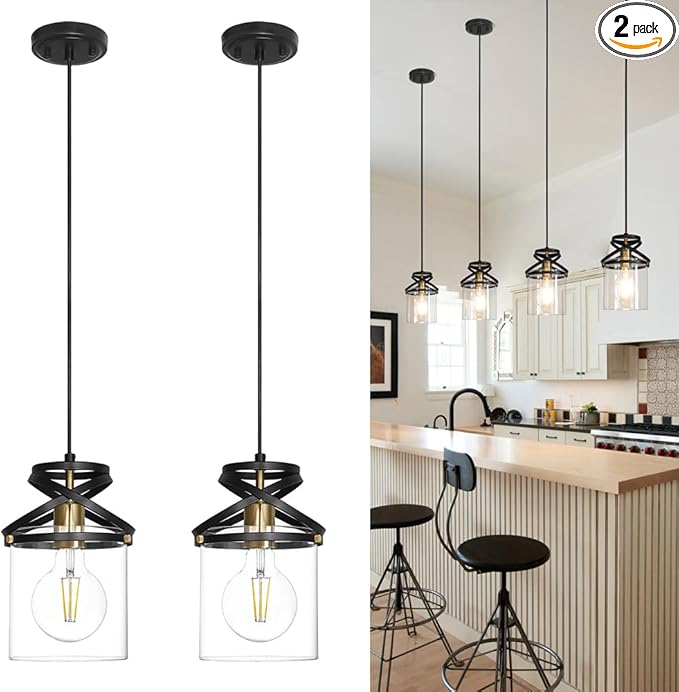 Black Kitchen Pendant Lighting over Island, Modern Glass Pendant Lighting, Hanging Lights for Living Room Set of 2, Pendant Lights Kitchen Island 2 Pack, Pendant Lamp for Dining Room, Hallway, Sink