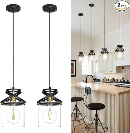 Black Kitchen Pendant Lighting over Island, Modern Glass Pendant Lighting, Hanging Lights for Living Room Set of 2, Pendant Lights Kitchen Island 2 Pack, Pendant Lamp for Dining Room, Hallway, Sink