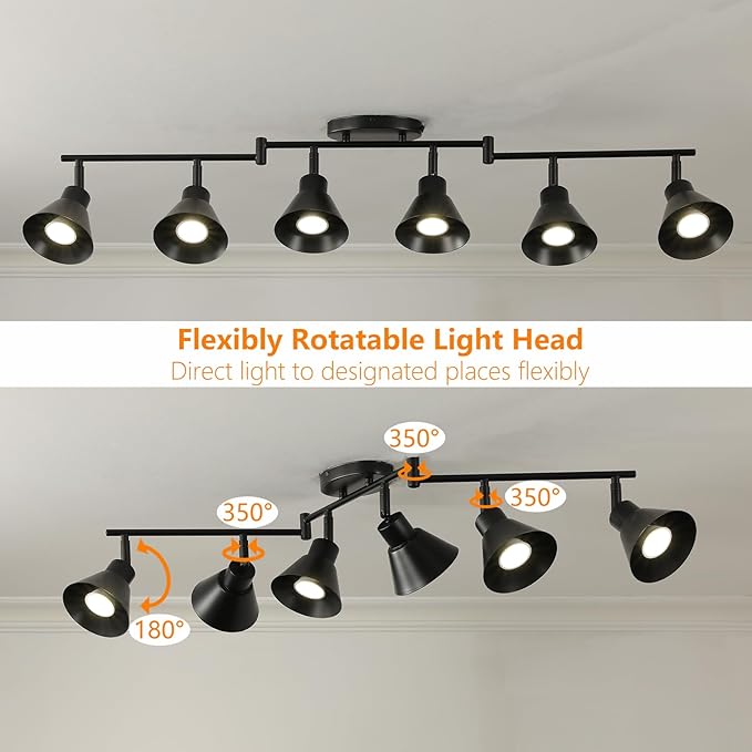 Modern 6-Light Track Lighting Fixture, Black Metal Ceiling Spotlight with Flexible Rotatable Heads, GU10 Base Directional Track Light for Kitchen, Hallway, Living Room & Gallery