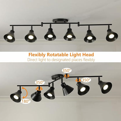 Modern 6-Light Track Lighting Fixture, Black Metal Ceiling Spotlight with Flexible Rotatable Heads, GU10 Base Directional Track Light for Kitchen, Hallway, Living Room & Gallery