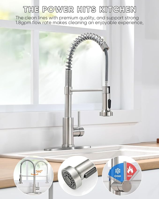 OWOFAN Kitchen Faucet with Pull Down Sprayer Industrial 1 Handle 1 Hole Or 3 Hole Faucet for Farmhouse Camper Laundry Utility Rv Wet Bar Sinks Stainless Steel Brushed Nickel