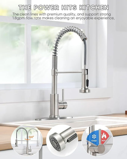 OWOFAN Kitchen Faucet with Pull Down Sprayer Industrial 1 Handle 1 Hole Or 3 Hole Faucet for Farmhouse Camper Laundry Utility Rv Wet Bar Sinks Stainless Steel Brushed Nickel