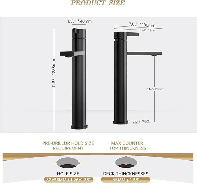 Phiestina Matte Black one Hole Tall Bathroom Vessel Sink Faucet, Single Hole Single Handle Vanity Bathroom Faucet, with Pop Up Drain and Water Supply Line, FH02-MB-V