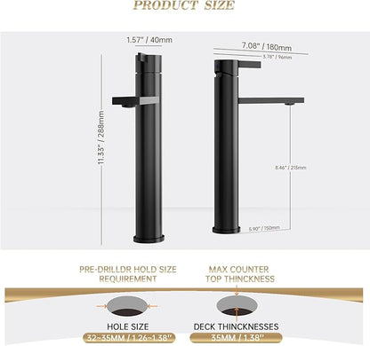 Phiestina Matte Black one Hole Tall Bathroom Vessel Sink Faucet, Single Hole Single Handle Vanity Bathroom Faucet, with Pop Up Drain and Water Supply Line, FH02-MB-V
